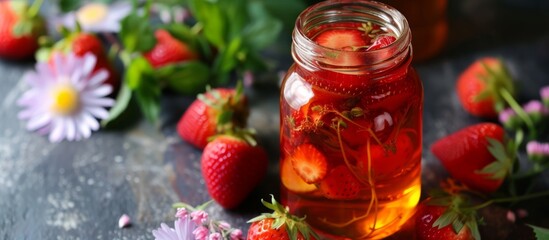 Luscious Strawberry Tea Drink in Glass Jar with Fresh Berries and Blooms on White Background