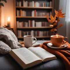 Foto op Canvas Autumn cozy mood. Fall cozy reading nook with a blanket, bookshelf filled with autumn-themed books, and a cup of tea or hot chocolate. © Antonio Giordano