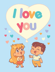 Valentine Day greeting card. Boy gives girl a big balloon in the shape of a heart. I love you. Colorful cartoon character. Funny vector illustration