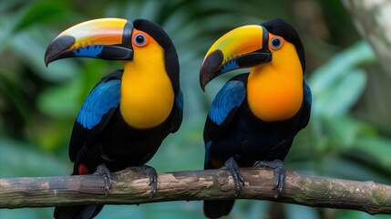 Pair of Toucans Perched on Branch in Tropical Habitat