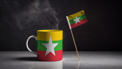 Tea or coffee in mug with Myanmar flag. Gray stone background.