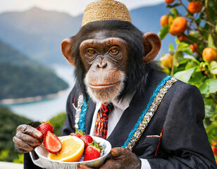 Handsome monkey in a bow tie eating fruit. - Powered by Adobe