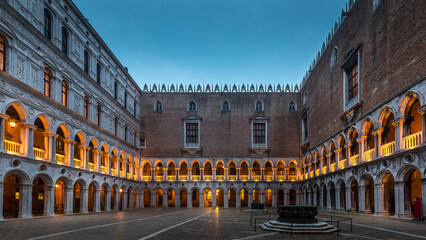 Venice, Italy - February 6, 2024: Courtyard of Doge`s Palace or Palazzo Ducale in Venice. Doge`s...