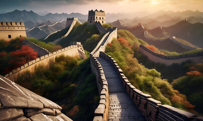 An ancient defensive structure reminiscent of the great wall of China - obrazy, fototapety, plakaty