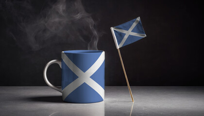 Tea or coffee in mug with Scotland flag. Gray stone background.