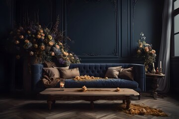 Rustic room with navy sofa, dried flowers   gray background , .highly detailed,   cinematic shot   photo taken by sony   incredibly detailed, sharpen details   highly realistic   professional photogra - Powered by Adobe
