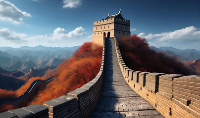 An ancient defensive structure reminiscent of the great wall of China - obrazy, fototapety, plakaty