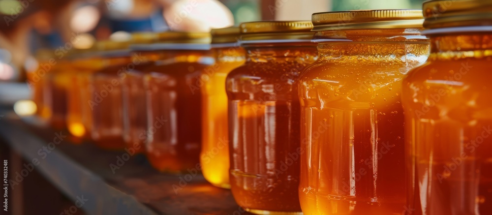 Aufkleber rustic table with a beautiful display of various jars filled with golden honey
