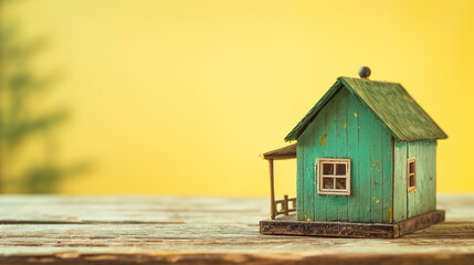 A miniature Scandinavian-style cabin with a green roof, on a wooden table. The background is a pale lemon yellow.