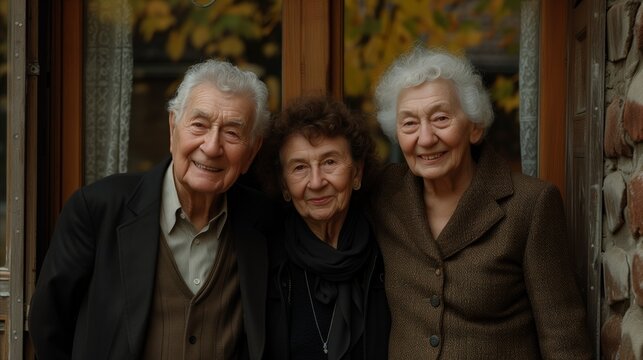 Elderly Trio Enjoying a Reunion Outside Their Home at Dusk