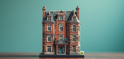 A miniature Victorian-era London townhouse, on a dark wood surface. The background is a light teal.