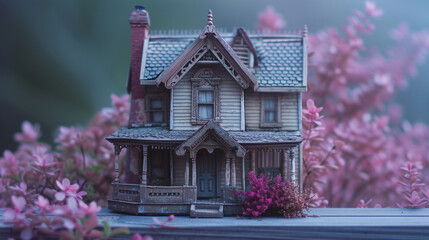 A quaint miniature Victorian house with intricate details, sitting on a rustic wooden surface. The...