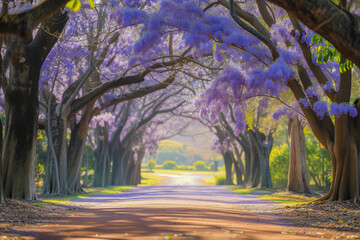 Breathtaking Jacaranda Trees in Full Bloom, Nature's Purple Splendor. A beautiful park path lined with jacaranda trees blossoming, in spring