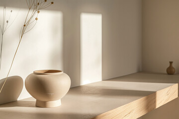 Warm Light on Minimalist Pottery, Modern Decor Concept and interior design. Natural light filtering casting window shadow on the wall.