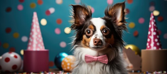 Fototapeta na wymiar In this delightful image, a dog dons a party hat, creating a playful atmosphere as it extends a heartwarming birthday greeting, exuding charm and celebration in every wag and bark.