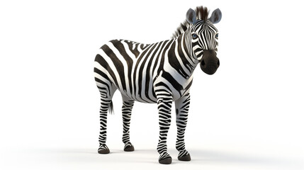 An obedient zebra with an endearing look, 3D rendered and isolated on a white background in a unique pose. - obrazy, fototapety, plakaty