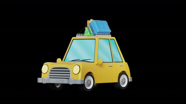 3D rendered of cartoon traveling car solid front view color cute car looping animation full hd transparent background rgb alpha prores 4444