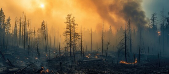A forest that has been severely impacted by a recent wildfire, with numerous burned trees emitting pollution and smoke.