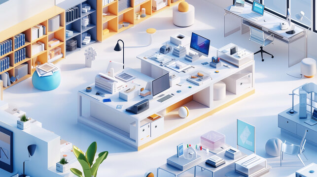 A sleek, isometric view of a product design studio, with prototypes on display, collaborative workspaces, and a clean, modern aesthetic, reflecting innovation and creativity.