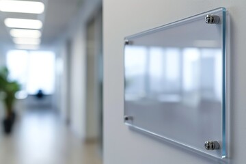 An empty glass plaque is mounted to the side of a white wall.