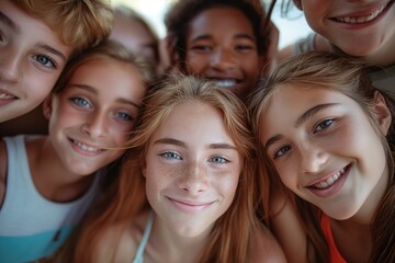 Fototapeta premium A group of young women, all Caucasian, standing side by side and looking towards the camera.
