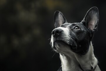 A black and white bull terrier dog with an inquisitive expression looking upward.
