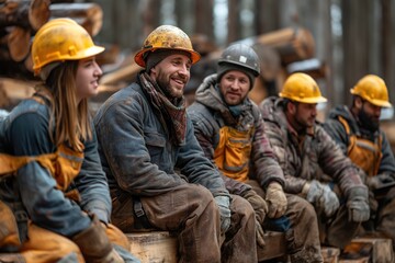 Fototapeta premium A small group of construction workers sitting on top of a wooden bench during their break.