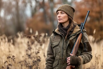 Female hunter standing in field, holding rifle. - obrazy, fototapety, plakaty