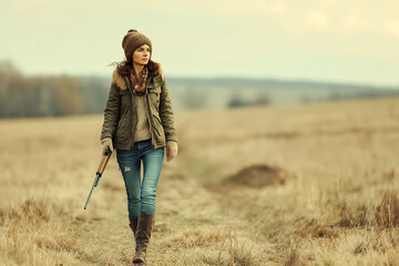 Naklejka na ściany i meble A woman walking through a field with a rifle, focused on hunting.