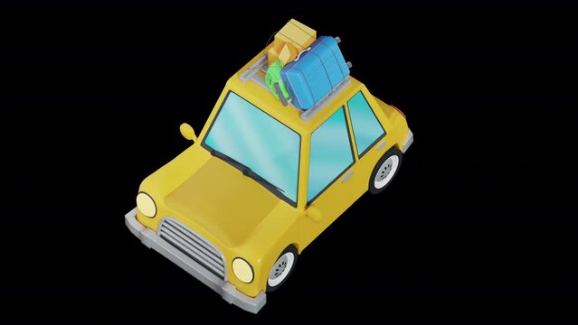 3D rendered of cartoon traveling car top view solid color cute car looping animation full hd transparent background rgb alpha prores 4444