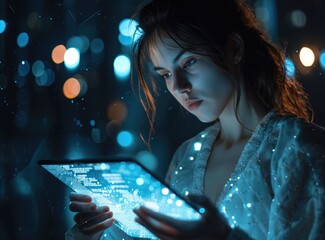 Futuristic cyber security expert analyzing data.