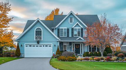 light blue house in autumn