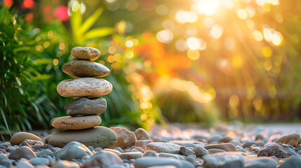 In a meticulously arranged Zen garden, rocks are delicately balanced atop one another, illuminated by the golden hour.