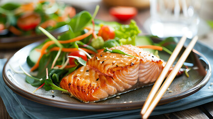 a plate of salmon with chopsticks on it and a salad in the background