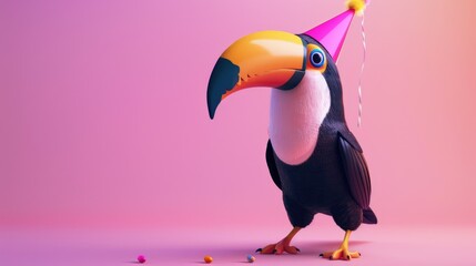 Happy Cute Toucan Celebrating in Colorful Lighting with Party Hat - 3D Cartoon Exotic Bird in Festive Wide Angle Shot