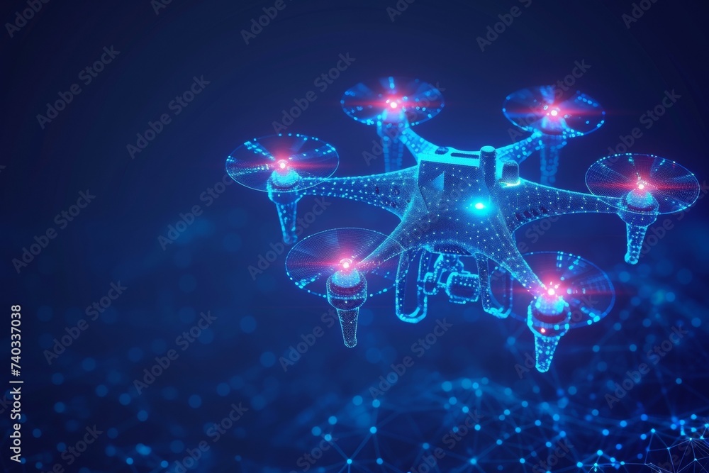 Poster drone hologram made of dots. invention and research concept. background with selective focus and cop