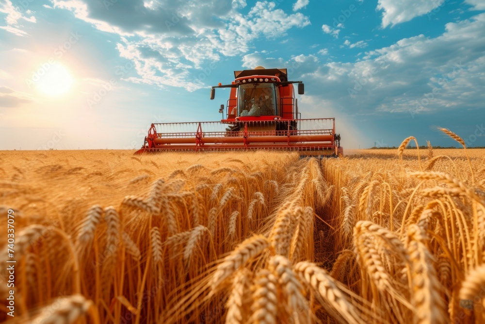 Aufkleber the combine harvests the crop on the field. background with selective focus and copy space