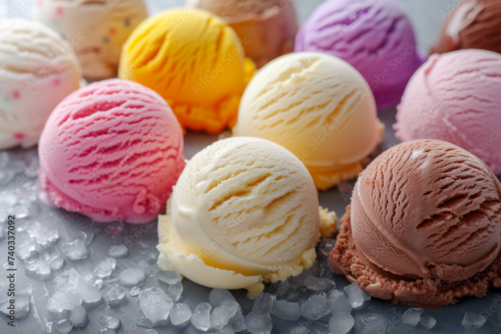 Poster a set of scoops of different ice creams. background with selective focus and copy space