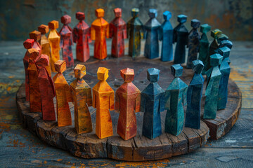 Wooden figurines of people in a circle on a wooden background.