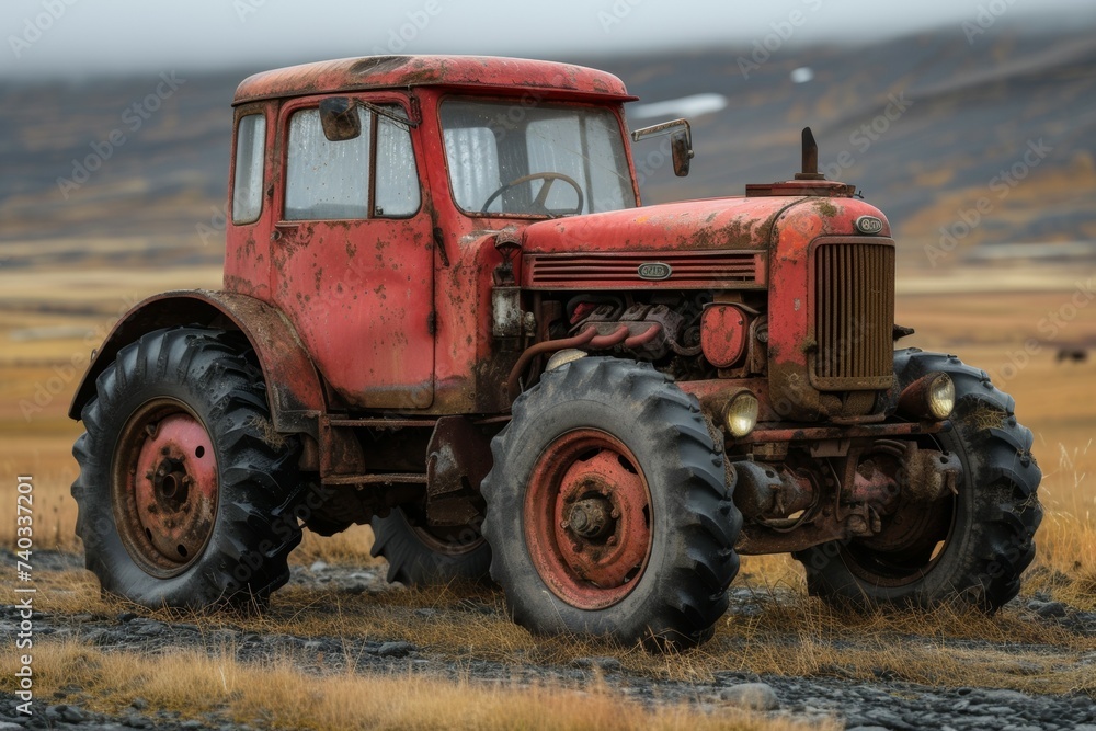 Poster tractor in the field. background with selective focus and copy space