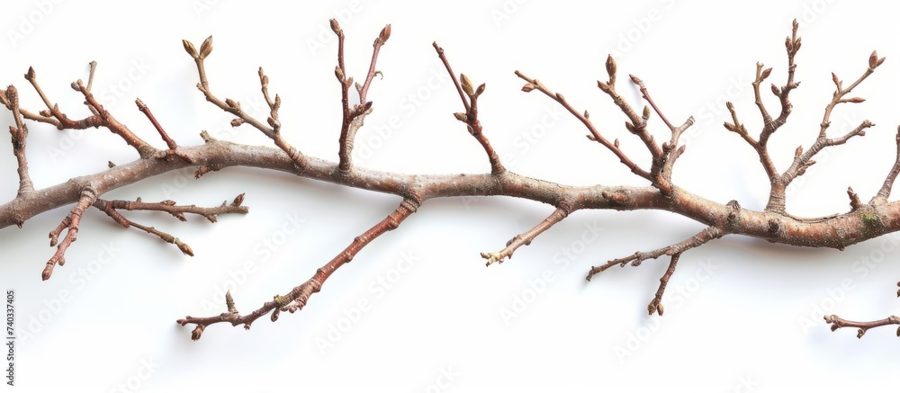 Poster a bare tree branch covered in snow against a white background, showcasing the intricate patterns of 