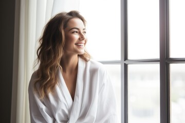 A smiling woman in a white robe gazes out a window, bathed in warm sunlight. Contemplative Woman Enjoying Morning Light