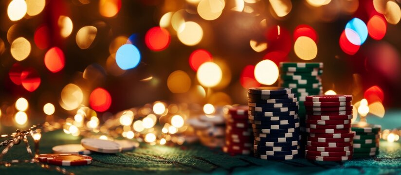 Luxurious pile of colorful poker chips on a green felt table in a high stakes casino