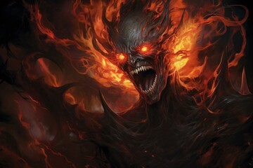 Illustration d'une créature sortant des flammes de l'enfer » IA générative