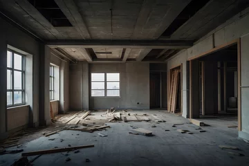 Foto op Plexiglas Interior of an old abandoned building with windows and broken walls. Generative AI © igor.nazlo