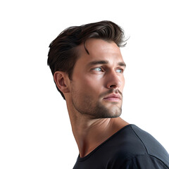 Fototapeta premium A man turns around looks sideways with serious expression, isolated on white background