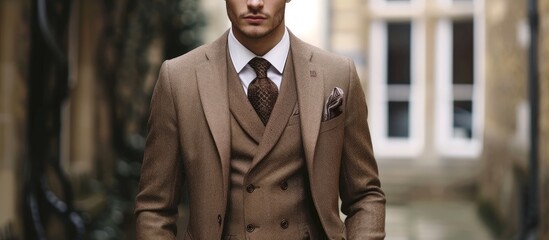 A fashionable and elegant man wearing a brown suit and tie.