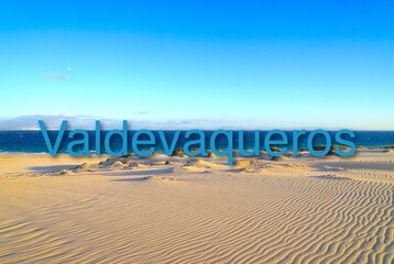 blue Valdevaqueros Lettering in the wonderful dune landscape at the Atlantic Ocean near Tarifa,...