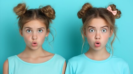 Twin Girls Making Surprise Faces Against Aqua Background - Powered by Adobe