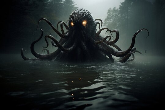 Monstre ressemblant &agrave; une pieuvre dans l'eau d'un lac &raquo; IA g&eacute;n&eacute;rative